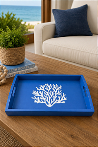 Bandeja Azul Coral em Madeira 35x25 cm Decoração Náutica Praia