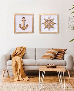 Kit com 2 Quadros Âncora e Timão 45x45 em Madeira