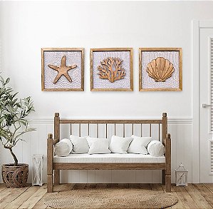 Kit com 3 Quadros Coral, Estrela e Concha 45x45 em Madeira