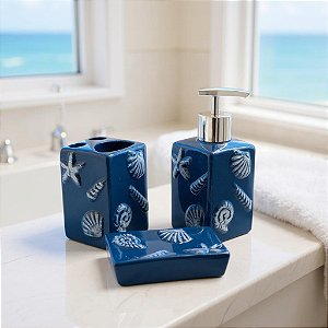 Kit de Banheiro 3 Peças Náutico Azul Marinho Conchas em Cerâmica