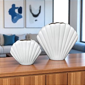 Kit 2 Vasos Concha Shell Brancos em Cerâmica