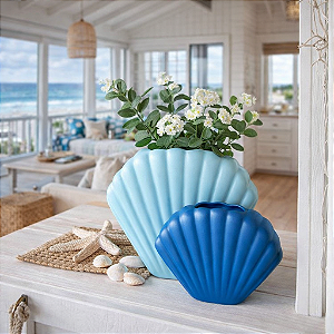 Kit 2 Vasos Concha Shell Azul Marinho e Azul Claro em Cerâmica