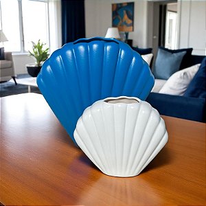 Kit 2 Vasos Concha Shell Azul Marinho e Branco em Cerâmica