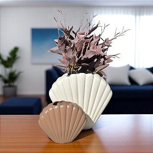 Kit 2 Vasos Concha Shell Off-White e Marrom em Cerâmica