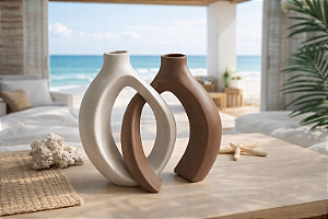 Kit 2 Vasos Encaixe Off-white e Marrom em Cerâmica