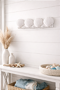 Cabideiro e Porta-chaves Conchas Branco em Madeira e Resina 39x9,5x5,5 cm