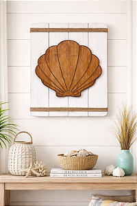 Quadro Náutico Branco Concha em Madeira Decoração Náutica Praia
