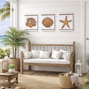 Kit 3 Quadros Náuticos Concha, Estrela e Coral em Madeira Decoração Náutica Praia