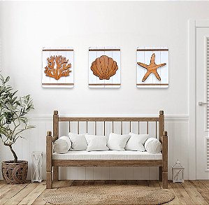 Kit 3 Quadros Náuticos Concha, Estrela e Coral em Madeira Decoração Náutica Praia