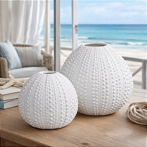 Conjunto 2 Vasos Ouriço Branco em Cerâmica Decoração Náutica