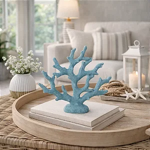 Enfeite Decorativo Coral Azul Claro em Cerâmica 18,5x20x5,5 Decoração náutica