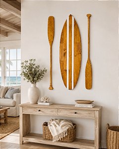 Kit 1 Prancha + 2 Remos de 130 cm em Madeira Decoração Náutica Praia