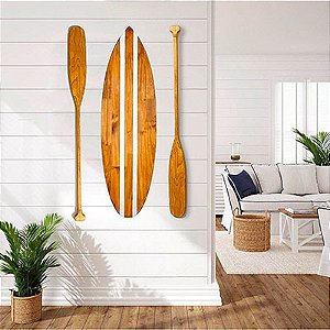 Kit 1 Prancha + 2 Remos de 130 cm em Madeira Decoração Náutica Praia