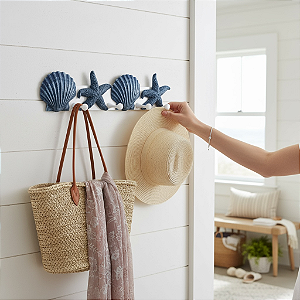 Cabideiro e Porta-chaves Conchas e Estrelas Azul Marinho em Resina 39x9,5x5,5cm