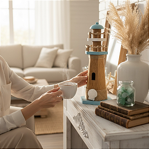 Farol Decorativo Azul Claro em Madeira Decoração Náutica Praia