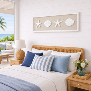 Quadro náutico branco com linho conchas e estrelas 100x35cm