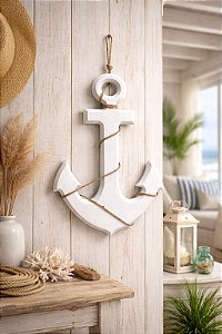 Enfeite Âncora Branca 45 cm com corda Decoração Náutica Praia