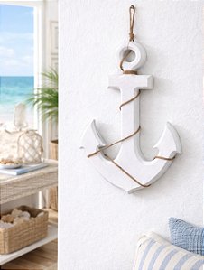 Enfeite Âncora Branca 30 cm com corda Decoração Náutica Praia