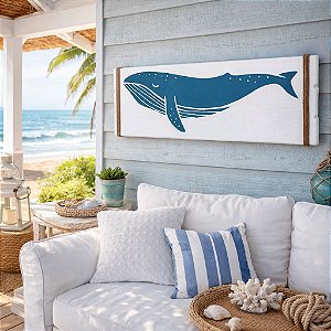 Quadro Branco Decorativo Baleia Jubarte Azul em madeira Decoração Náutica Praia