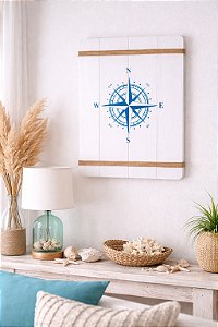 Quadro Decorativo Rosa dos Ventos em Madeira Decoração Náutica Praia