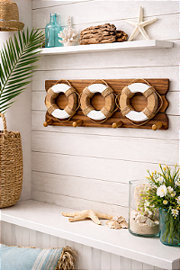 Cabideiro Náutico Bóias Marrom Decoração Casa de Praia