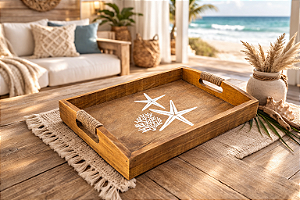 Bandeja Marrom Estrelas e Coral em Madeira 35x25 cm Decoração Náutica Praia