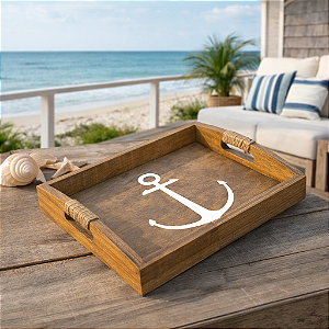 Bandeja Marrom Âncora Branca em Madeira 35x25 cm Decoração Náutica Praia