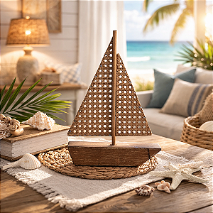 Enfeite Veleiro Rústico em Metal e Madeira 31 cm