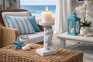 Castiçal Branco Cavalo Marinho 20 cm em Resina