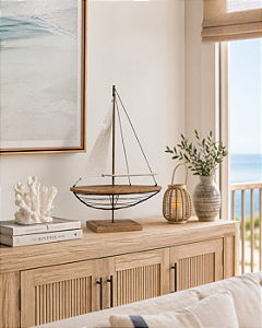 Enfeite Veleiro em Madeira e Metal 56x37x14 cm