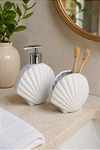 Kit de Banheiro 2 Peças Náutico Branco Conchas em Cerâmica