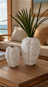 Vaso Decorativo Conchas Grande Branco em Cerâmica 23x15x15Cm Decoração Náutica Praia