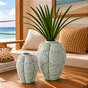 Vaso Decorativo Conchas Grande Verde Claro em Cerâmica 23x15x15 Decoração Náutica Praia