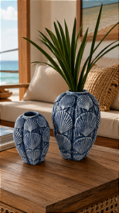 Vaso Decorativo Conchas Grande Azul Marinho em Cerâmica 23x15x15 Decoração Náutica Praia