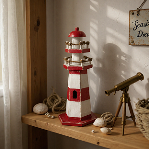 Farol Decorativo Vermelho e Branco em Madeira 27x11x11