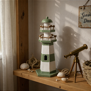 Farol Decorativo Verde e Branco em Madeira 27x11x11