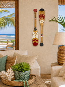 Kit 2 Remos Decorativos Ponta Preta e Ponta Vermelha 55 cm Decoração Náutica Praia