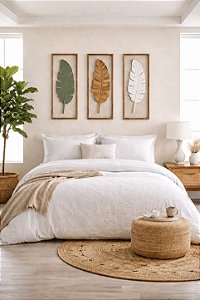 Kit 3 Quadros com Linho Folhas de Bananeira Verde, Marrom e Branco 100x35cm