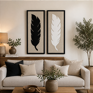 Kit 2 Quadros com Linho Folhas Preto e Branco 100x35cm