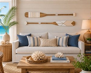Kit 2 Remos Bege e Branco Listrado 130 cm Decoração Náutica Praia