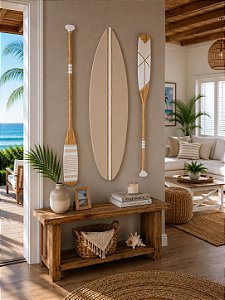 Decoração Praia Kit 1 Prancha + 2 Remos Bege de 130cm em Madeira