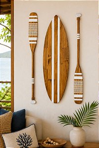 Kit 1 Prancha + 2 Remos de 100 cm Listrados em Madeira Decoração Náutica Praia