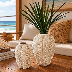 Kit 2 Vasos Decorativos Bege Conchas em Cerâmica