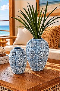 Kit 2 Vasos Decorativos Azul Claro Conchas em Cerâmica