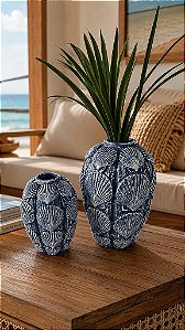 Kit 2 Vasos Decorativos Azul Escuro Conchas em Cerâmica