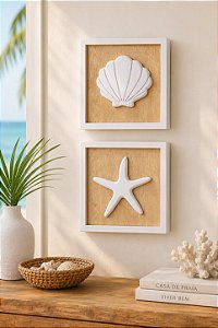 Kit 2 Quadros Náuticos Estrela e Concha Brancos em Madeira 25x25x3 cm