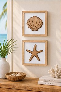 Kit 2 Quadros Náuticos Estrela e Concha Marrom em Madeira 25x25x3 cm