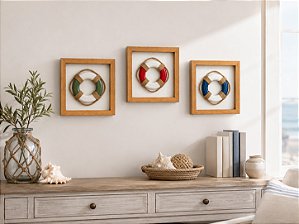 Kit 3 Quadros Decorativos Náuticos Bóias 20x20 cm Em Madeira
