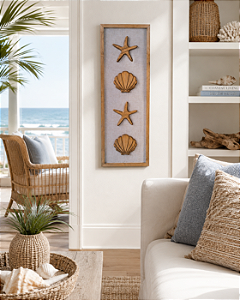 Quadro Vertical Náutico com Linho Conchas e Estrelas 100x35cm