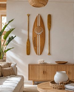 Kit 1 Prancha Concha + 2 Remos de 100 cm Marrom em Madeira Decoração Náutica Praia